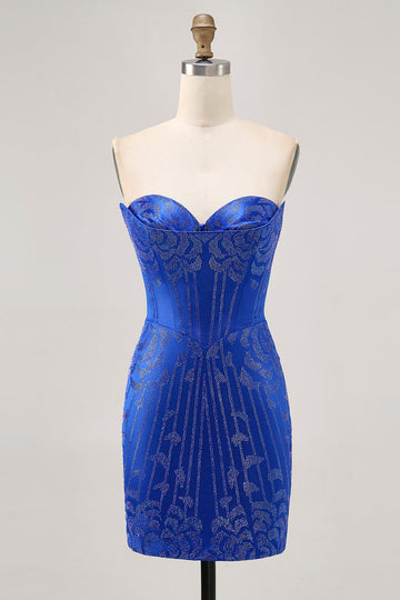 Strapless Royal Blue Beaded Bodycon Short Cocktail Dress